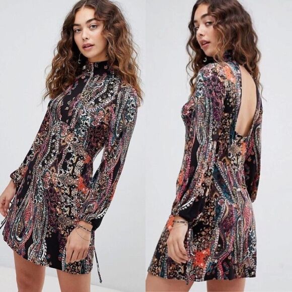 Free People Dresses & Skirts - Free People All Dolled Up Paisley Long Sleeve Open Back Turtleneck Mini Dress